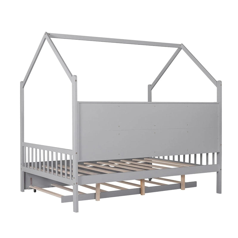 Full Solid Wood House Day Bed with Trundle