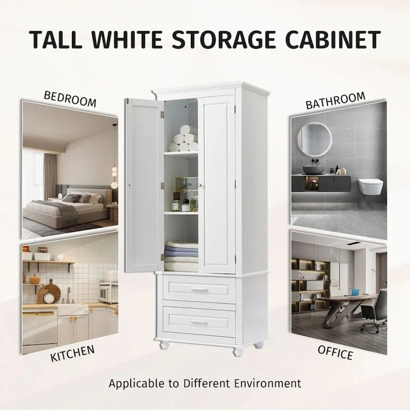Tall Storage Cabinet with Two Drawers for Bathroom