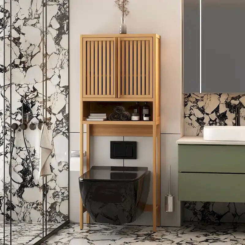 65 Tall Neutral Over-The-Toilet Bathroom Cabinet with Shelf and Two Doors