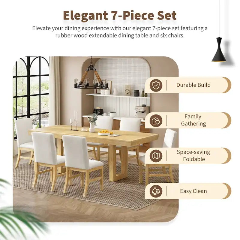 7-Piece 72 Extendable Dining Table Set w/ Butterfly Leaf and 6 Chairs
