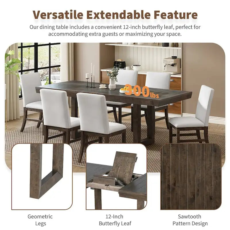 7-Piece 72 Extendable Dining Table Set w/ Butterfly Leaf and 6 Chairs