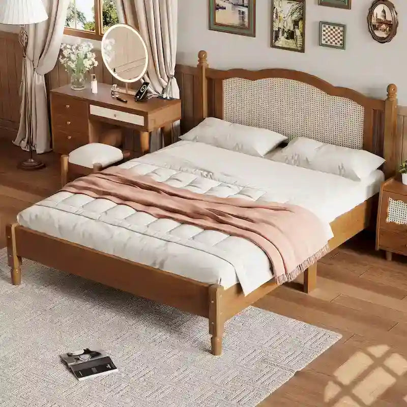 Queen Size Wooden Platform Bed with Natural Rattan Headboard