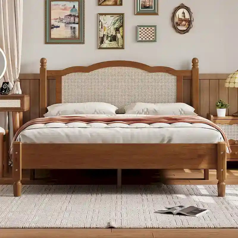 Queen Size Wooden Platform Bed with Natural Rattan Headboard