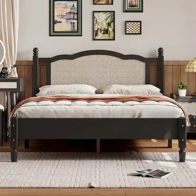 Queen Size Wooden Platform Bed with Natural Rattan Headboard