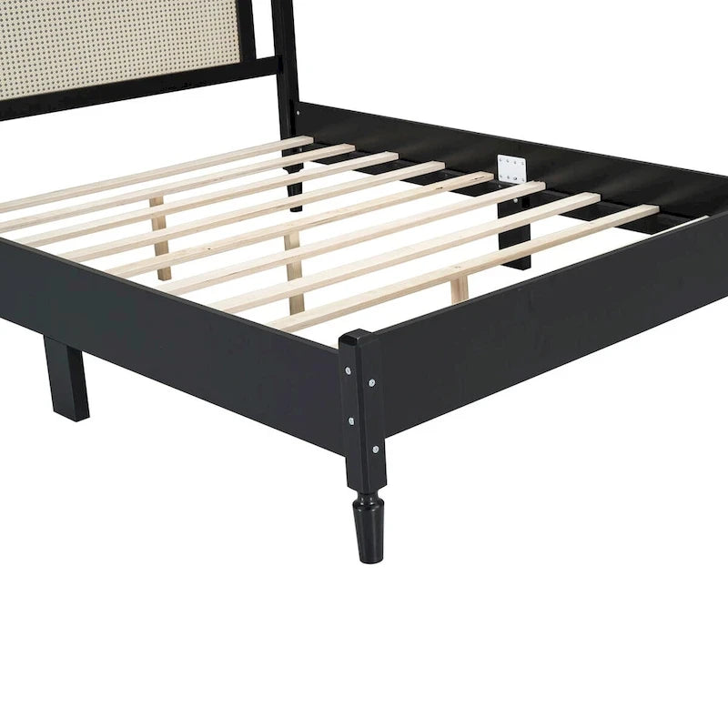 Queen Size Wooden Platform Bed with Natural Rattan Headboard
