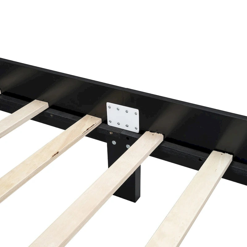 Queen Size Wooden Platform Bed with Natural Rattan Headboard