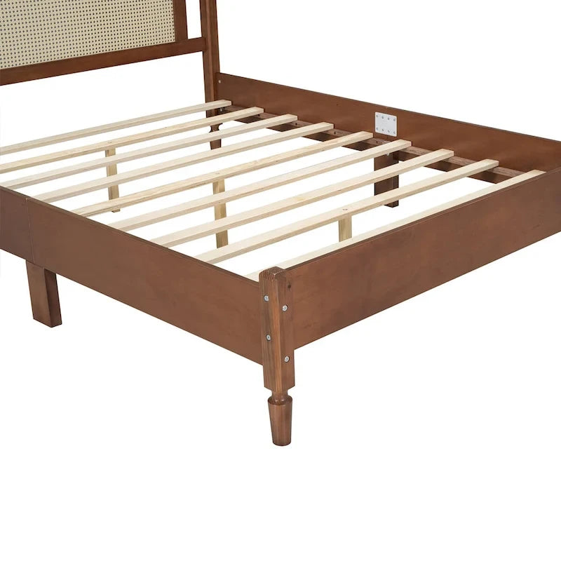 Queen Size Wooden Platform Bed with Natural Rattan Headboard