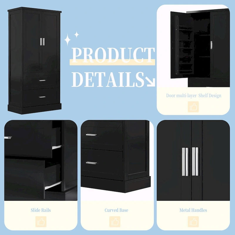 64 Tall Bathroom Storage Cabinet with Two Doors, Drawers