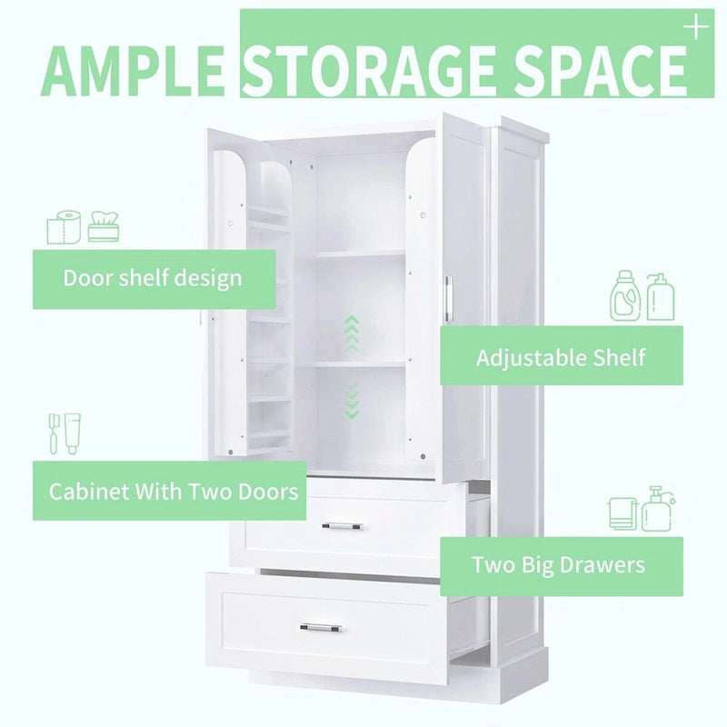 64 Tall Bathroom Storage Cabinet with Two Doors, Drawers