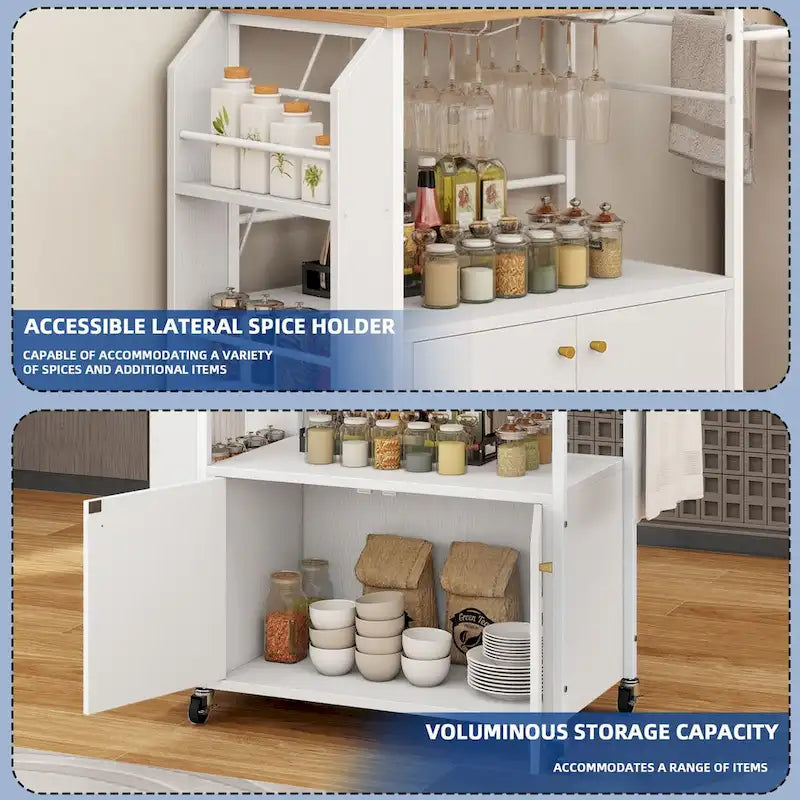 Rolling Kitchen Island Cart With Storage Shelf and Power Outlet